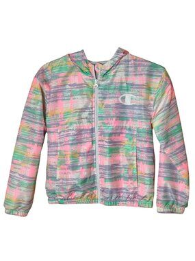 Champion Girls M Hooded Windbreaker Jacket Multicolor Zip-Up Elastic Hem Cuffs